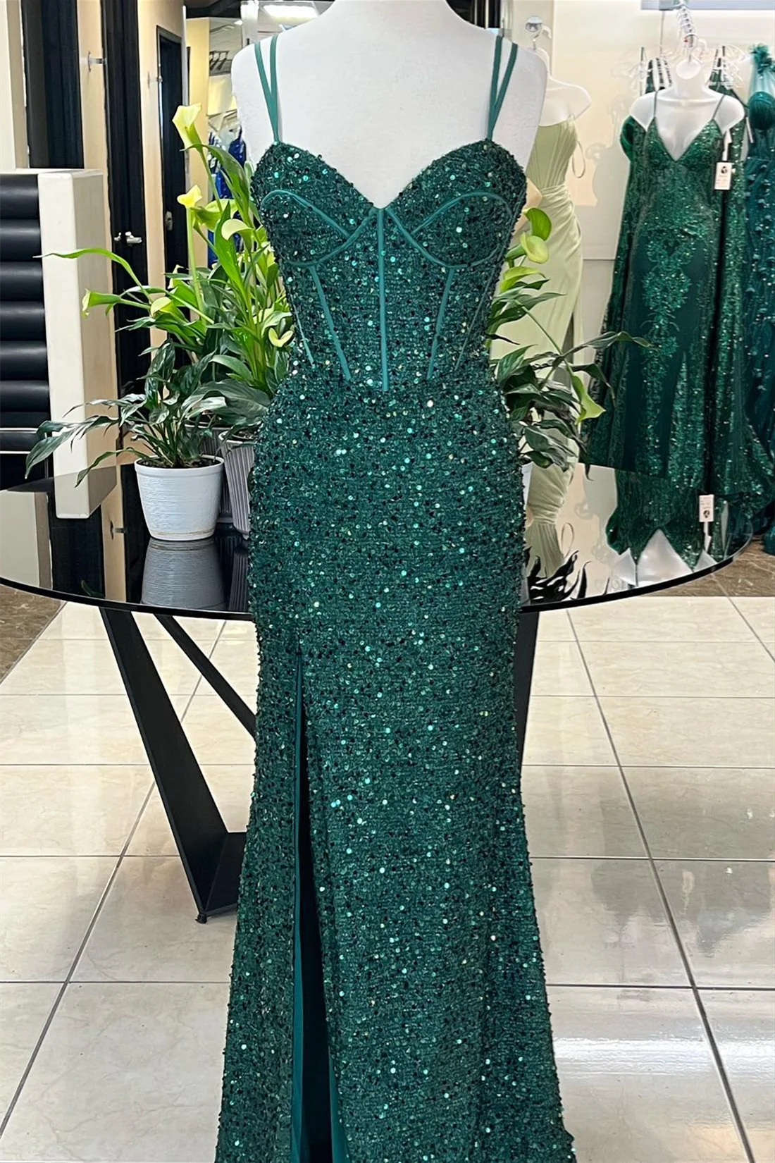 

Shiyicey Green 2024 Sequin Satin Sleeveless High slit Floor-Length Spaghetti strap Formal Elegant Eveninig Wedding Party Dresses