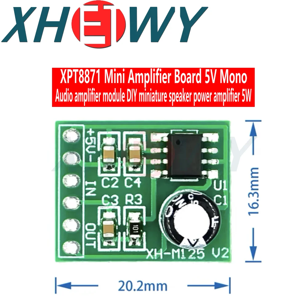 บอร์ดเครื่องขยายเสียงแบตเตอรี่ลิเธียมแบบโมโน XPT8871ขนาดเล็ก XH-M125โมดูลเครื่องร้องเพลง6W อินพุตสัญญาณเอาต์พุตเสียง3V 5V 5W