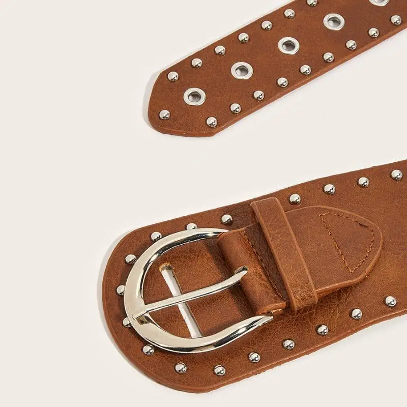 Schwarzbrauner Retro Vintage Nieten-Gürtel mit Nieten-Design Y2k Damen-Taillengürtel Schicker Punk PU-Leder Kleider-Jeans-Gürtel für Frauen – Detail 8