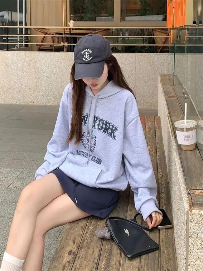 Felpa da donna retrò americana Sle Crew Ne, versione coreana casual, design versatile con stampa Fce, vestibilità ampia foderata