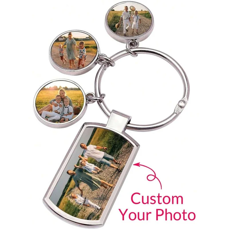 Custom 4 Photo Keychain Personalized Stainless Steel Picture Keyring With Round Charms Rectangle TagImage Key Holder Accessories