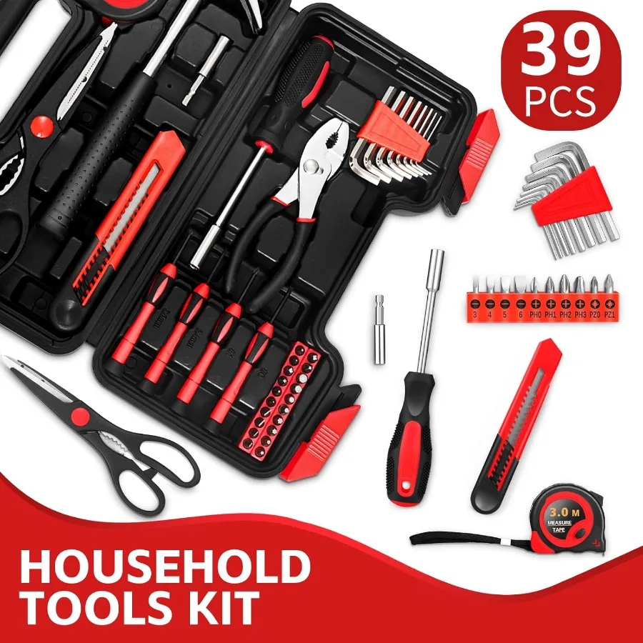 39 Piece Home Tool Kit for Everyday Home Repairs: Compact Hand Tool Set with Portable Storage Case Ideal for Small Spaces and W