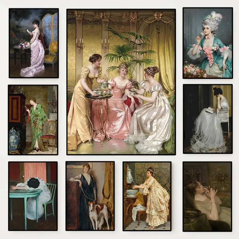 1pc frameless Canvas Painting The Renaissance Women Portrait Poster Vintage Victorian Feminine Canvas Painting Fashion Wall Art