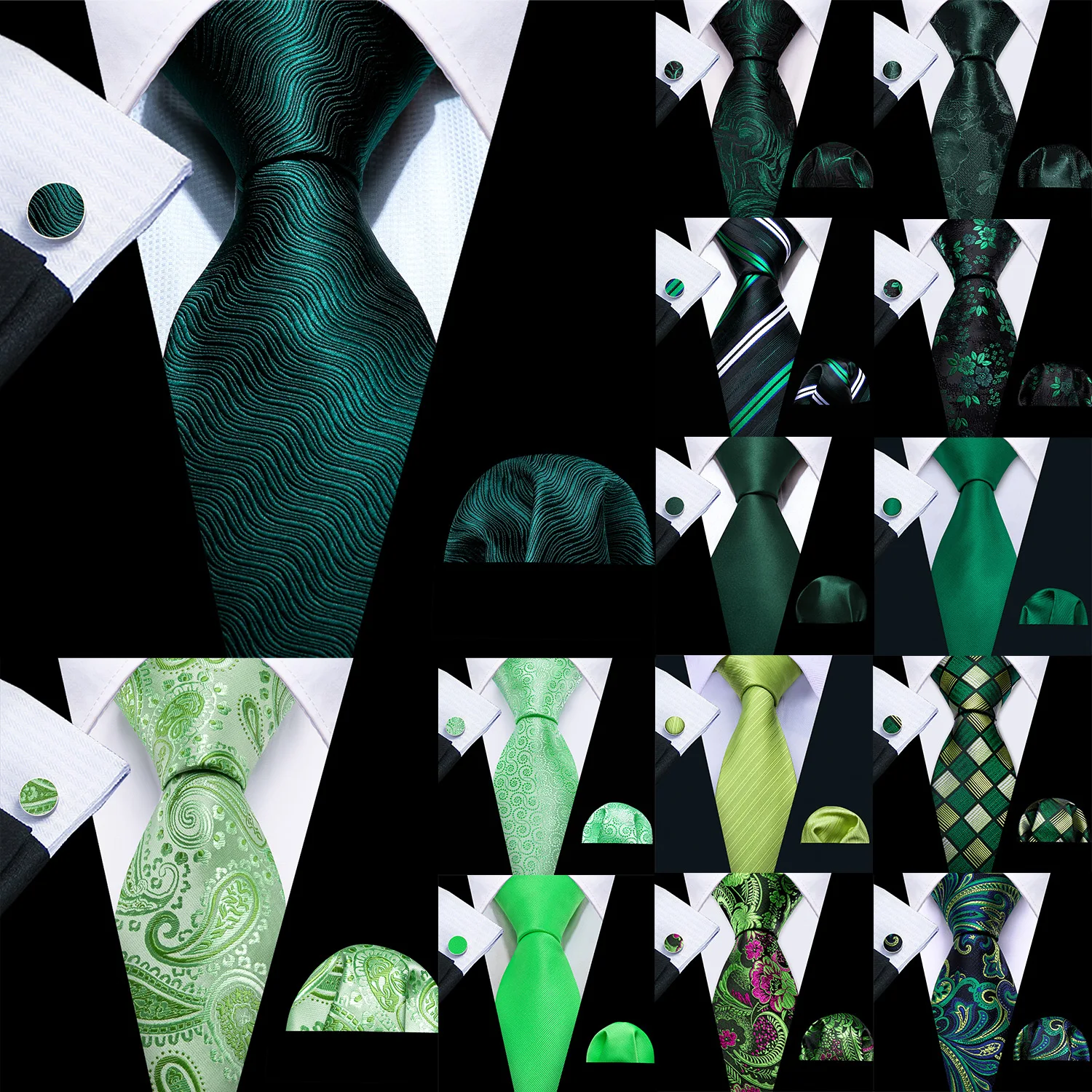 Set Cravatta, Fazzoletto e Gemelli Barry.Wang Verde Menta Teal per Uomo, Cravatta Jacquard Verde Oliva Salvia Ciano per Matrimonio, Affari, Regalo