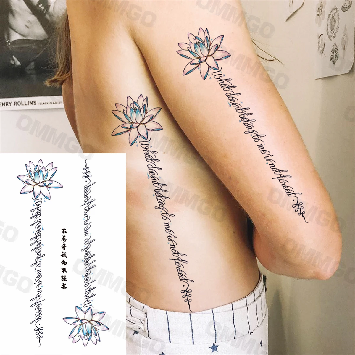 Realistic Lotus Letters Arm Waist Temporary Tattoos For Women Adult Girl Rose Dahlia Fake Tattoo Sticker Body Art Washable Tatoo