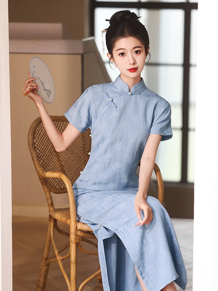 

Young Women's Blue Dr Ele Simple High-End Sle Retro Chinese Method Beautiful New 2026 Version ort Sve