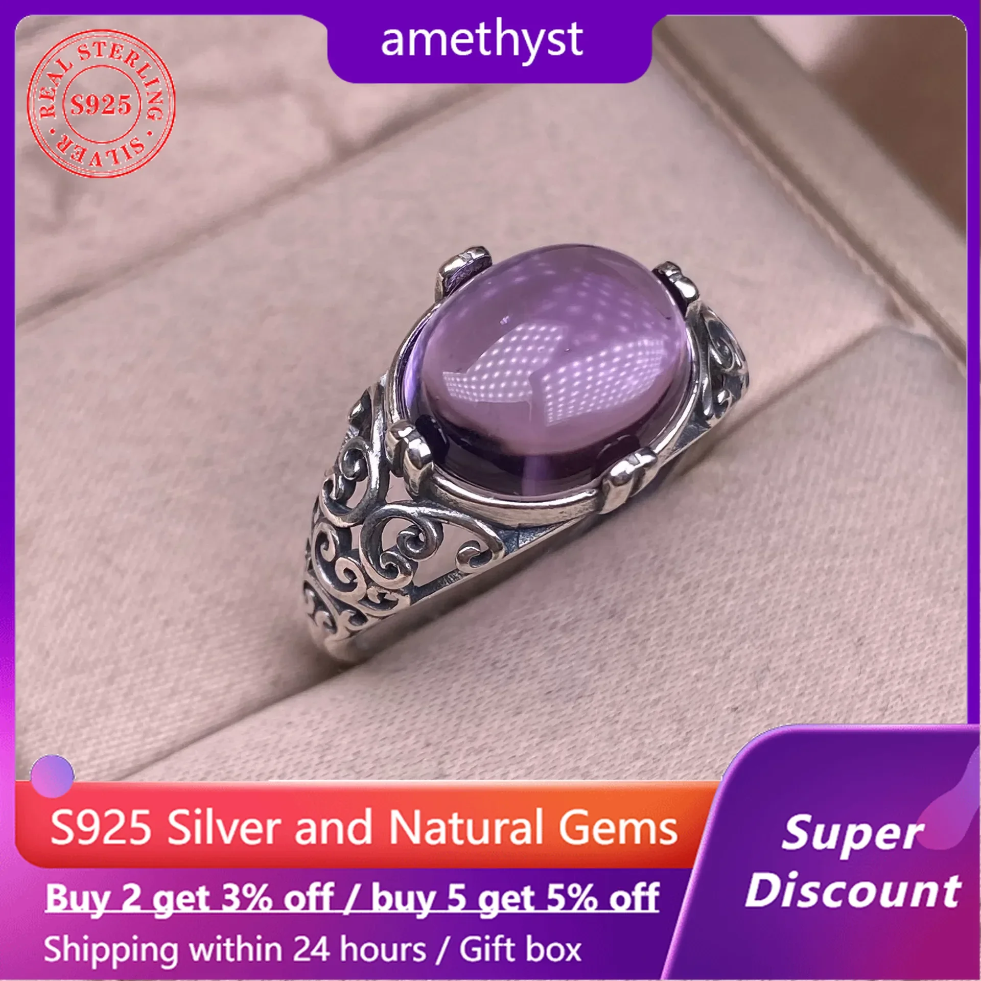 Natural Amethyst Girls' Ring s925 Silver Vintage Hollow out Women's Crystal Party Jewelry Exquisite Wide Edition Accessories