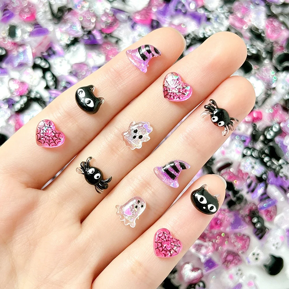 50Pcs 3D Cartoon Resin Nail Charms Mixed Rhinestone Decorations Spider Cat Head Transparent Bow Ghost Heart Manicure Supplies