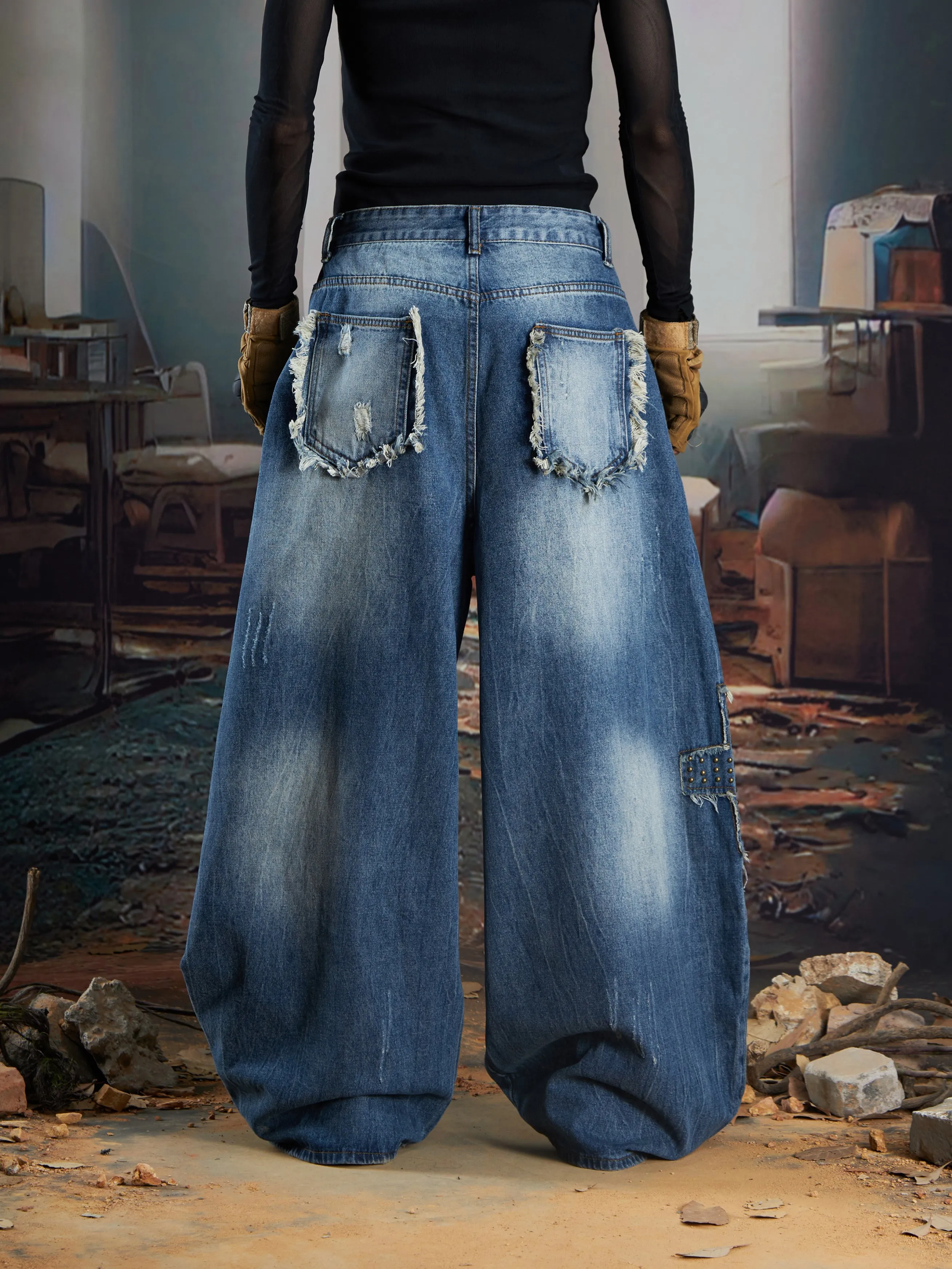 Special-Interest Design Deconstruction Stitching Old Bronze Rivet Cat Must Wash Wide Leg Machete Jeans Men and Women Fashion