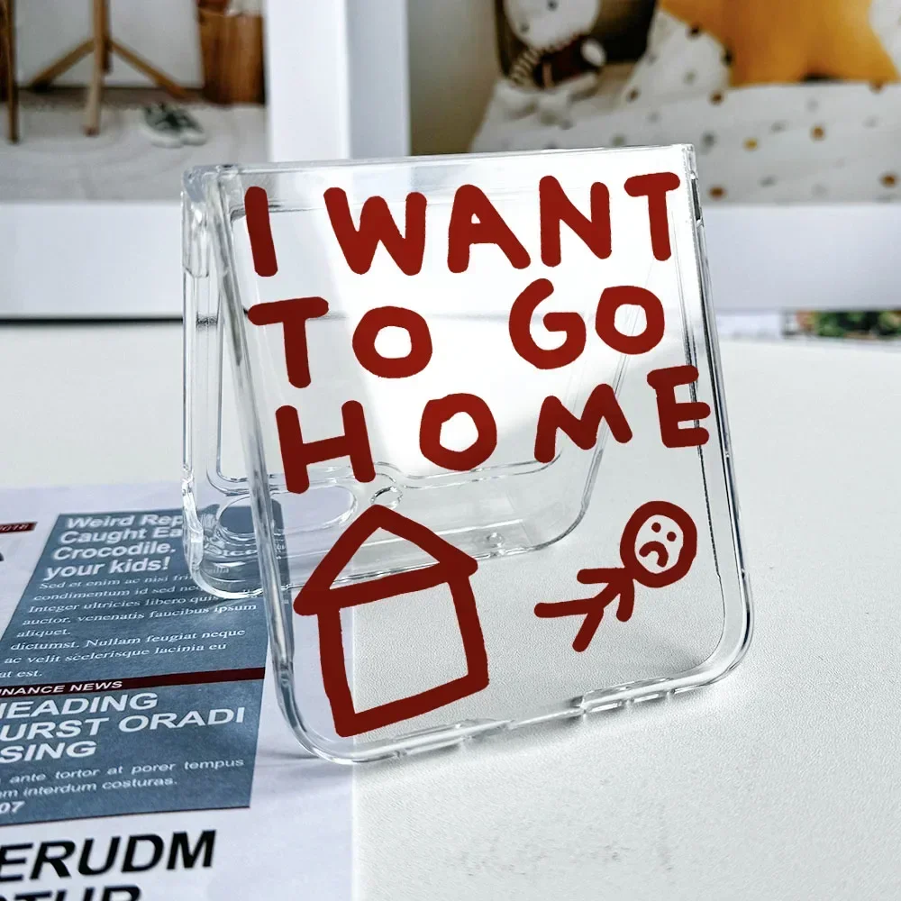 Plain I WANT TO GO HOME Words Pattern Transparent Case for Samsung Galaxy Z Flip 5 6 5G Clear Cover Flip3 Flip7 4 INS Fundas Bag
