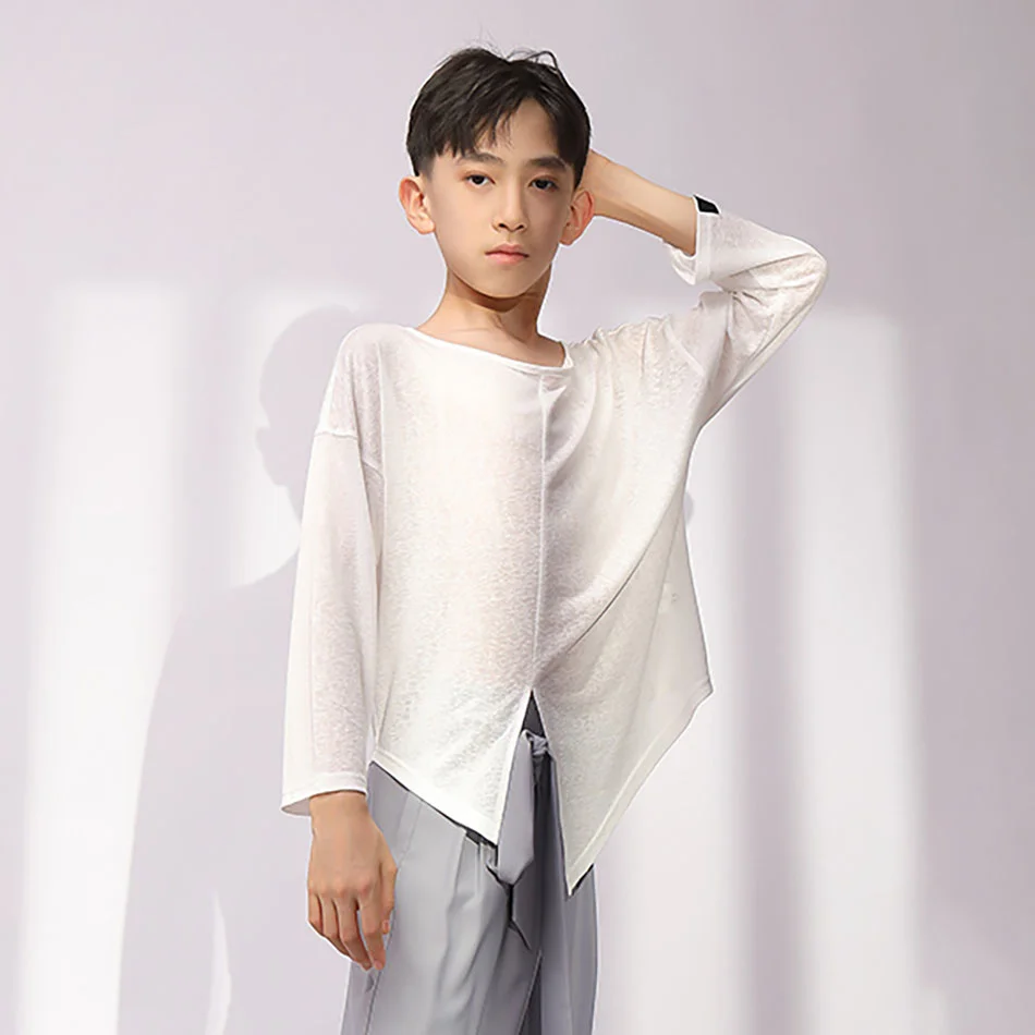 New Boys Latin Dance Shirt Autumn and Winter Long-sleeved Green and White Dancing Tops Jazz Rumba Chacha Latin Costume