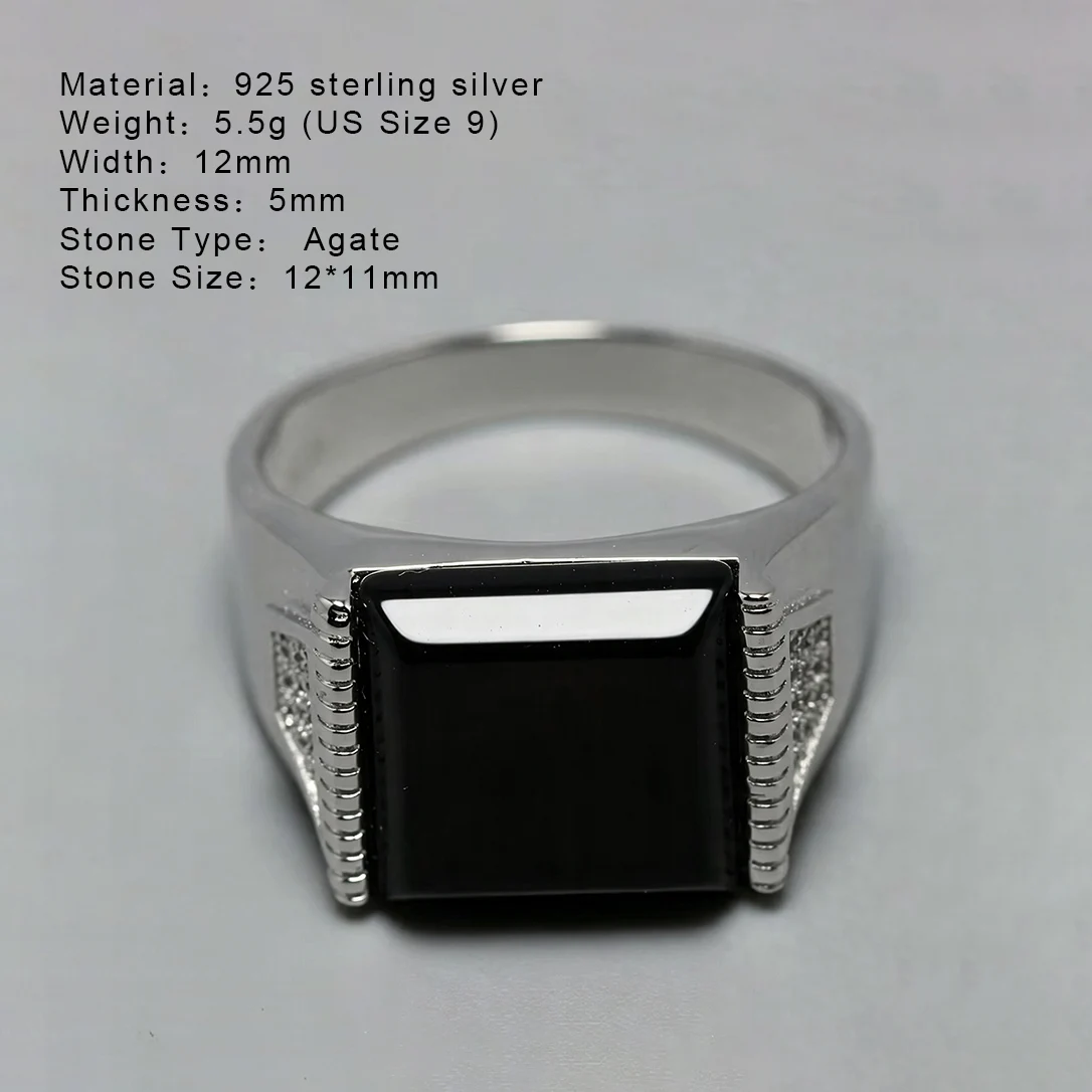 Solid Silver 925 Mens Rings Minimalist Turkish Rings For Men Black Square Natural Stone Turkey Male Jewelry Bague Homme