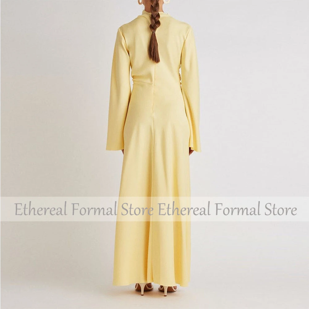 Vestido de noche de corte A para boda, vestido de noche amarillo para mujer, manga larga, largo hasta el suelo, con abertura, vestidos formales simples 2025