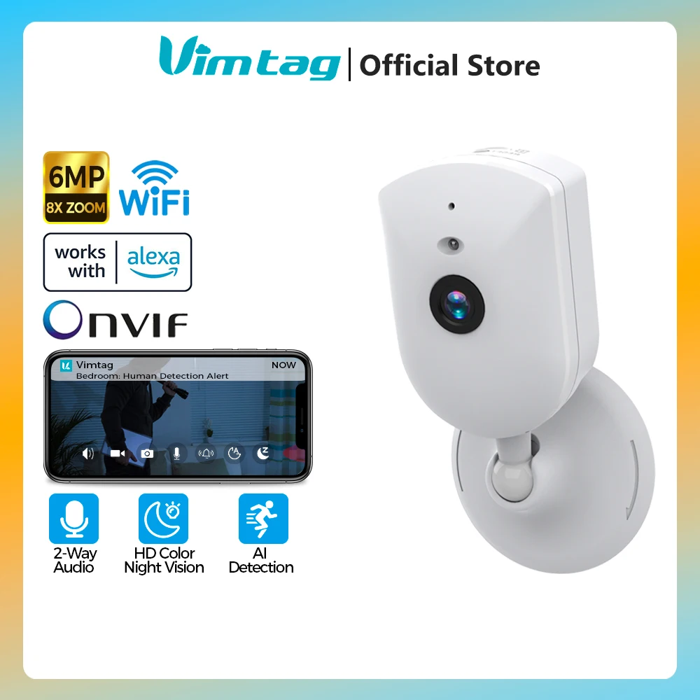 VIMTAG 6MP WIFI Camera 2-Way Audio Security IP Cam 3.5K HD IR Night Vision AI Human Detect Auto Alert Indoor Surveillance Camera