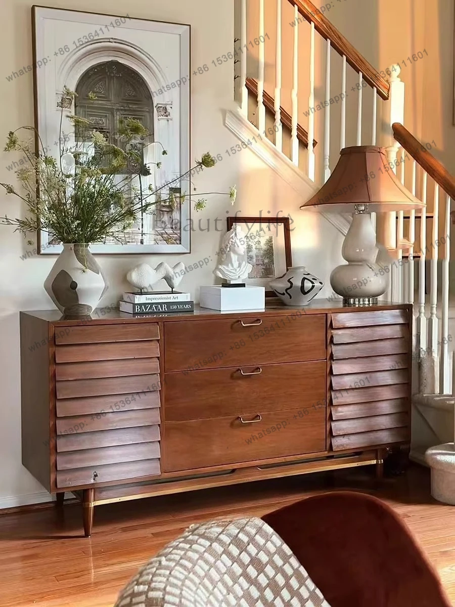 Nordic solid wood vintage entryway cabinet American style simple modern walnut color multifunctional storage cabinet