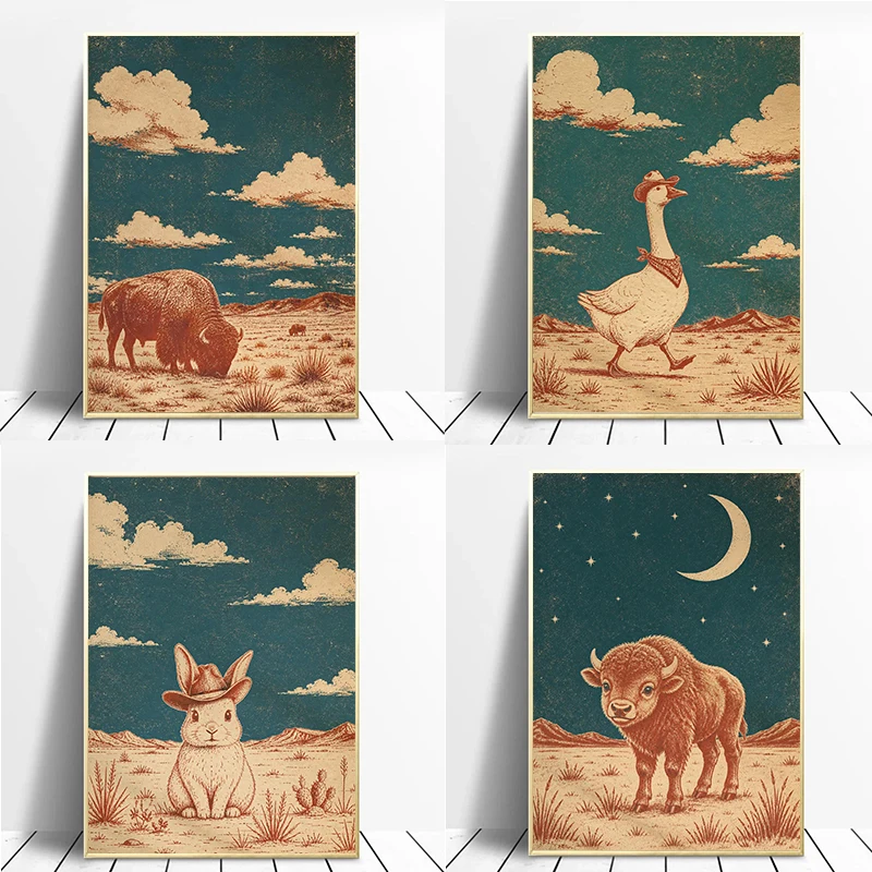 Retro Linocut Pony Nursery Poster Buffalo Plains Rabbit Desert Modern Prints Canvas Painting Wall Picture Home Living Room Decor