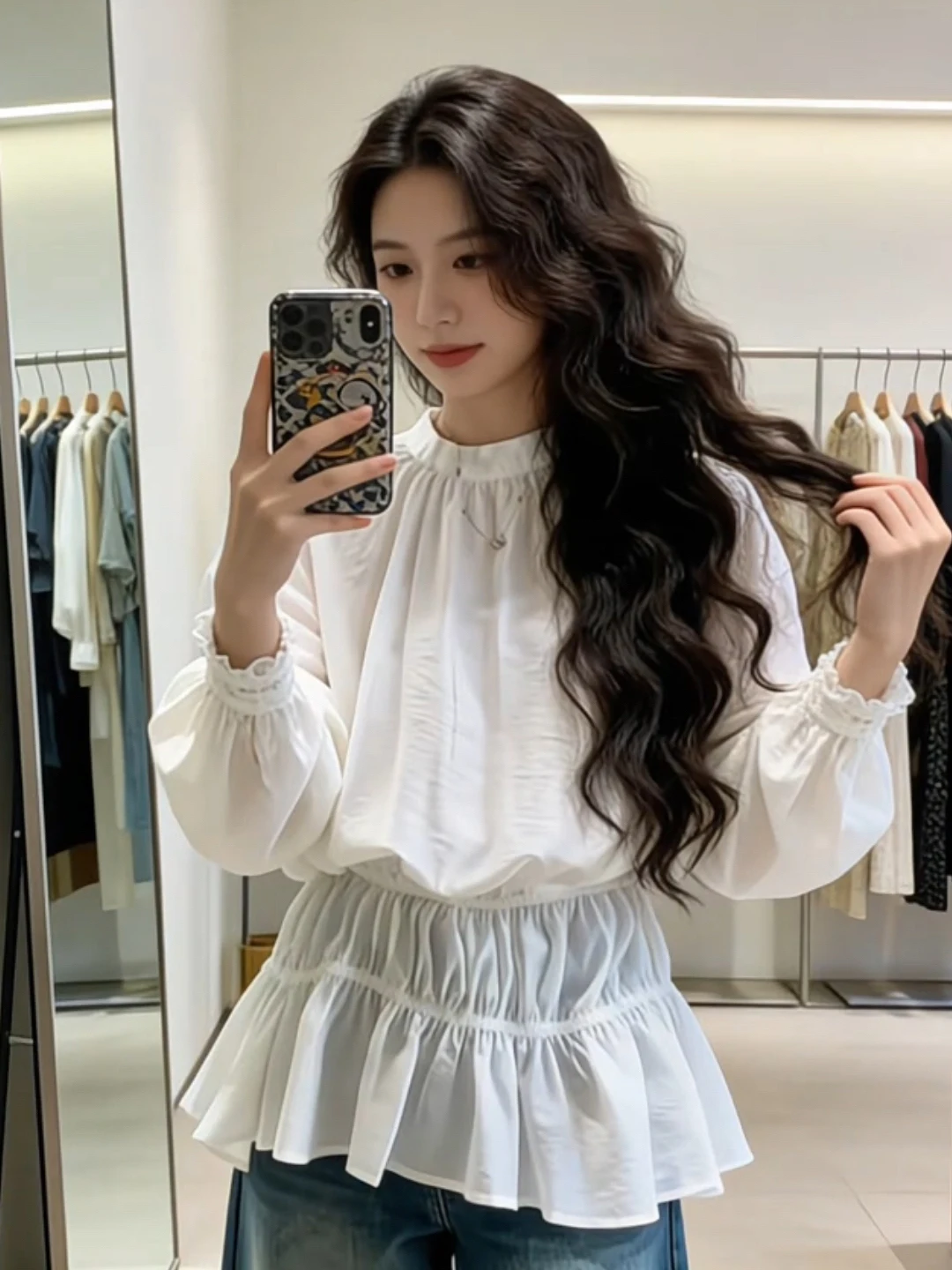 

White Sun Protection Shirt Women's Summer Design Unique Lace Self-Keeping Style Slimming Top Casual Waist-Cinching