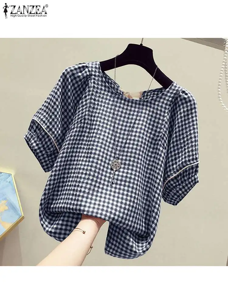 ZANZEA Summer Blouse Women Elegant O Neck Short Sleeve Shirt Casual Loose Work Blusas Fashion Lace Up Grid Prints Tops Femme