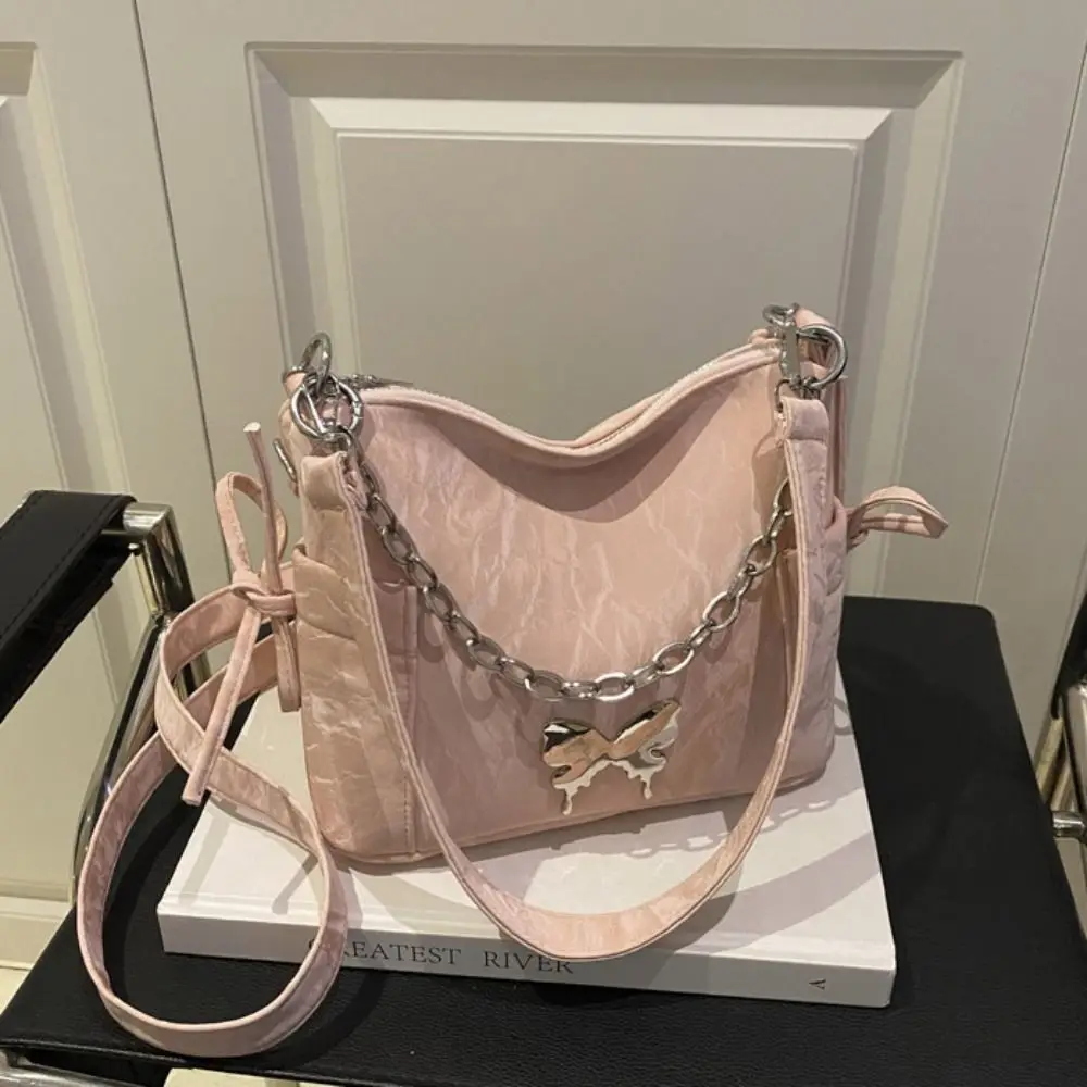

Butterfly Decor Silver Butterfly Handbags Metal Chain Solid Color Drawstring Shoulder Bag Large Capacity Versatile