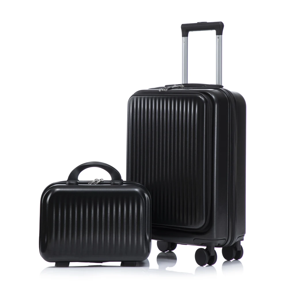 

14/20 Inch 2Pcs Front Opening ABS Luggage Set with Spinner Wheels Combination Lock Cosmetic Case Travel Suitcase Black