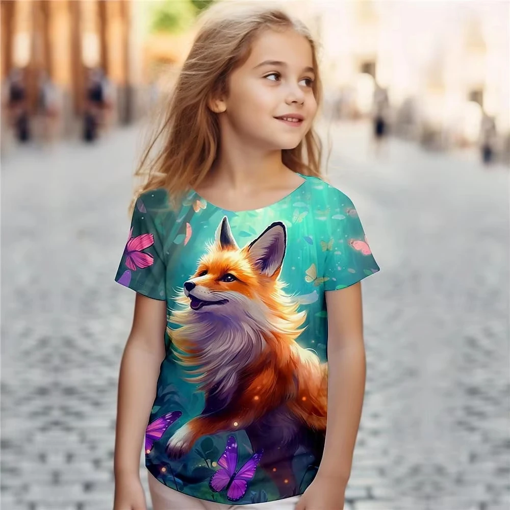 Weibliche Kind Kleidung Drucken Tier Fuchs Cartoon Rundhals Kurzen Ärmeln Grafik T Shirts Sommer Mode Outdoor T-Shirt für Mädchen – Detail 7