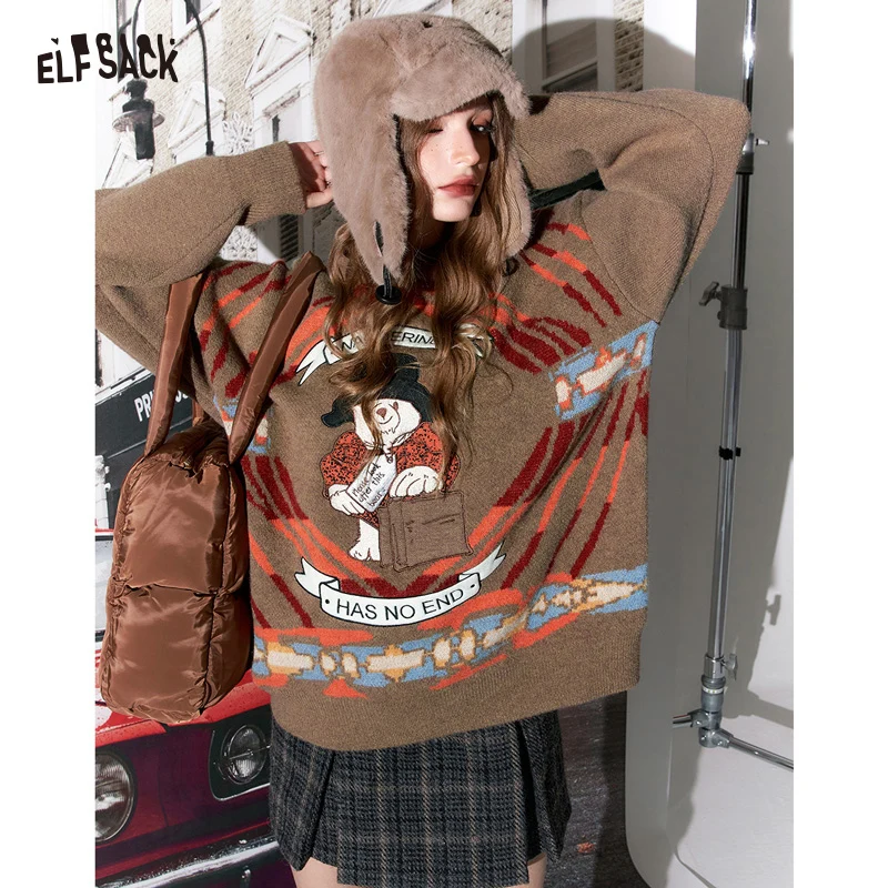 ELFSACK Kawaii Bear Pullover Sweaters Women 2023 Winter Plus Size 2000s Tops