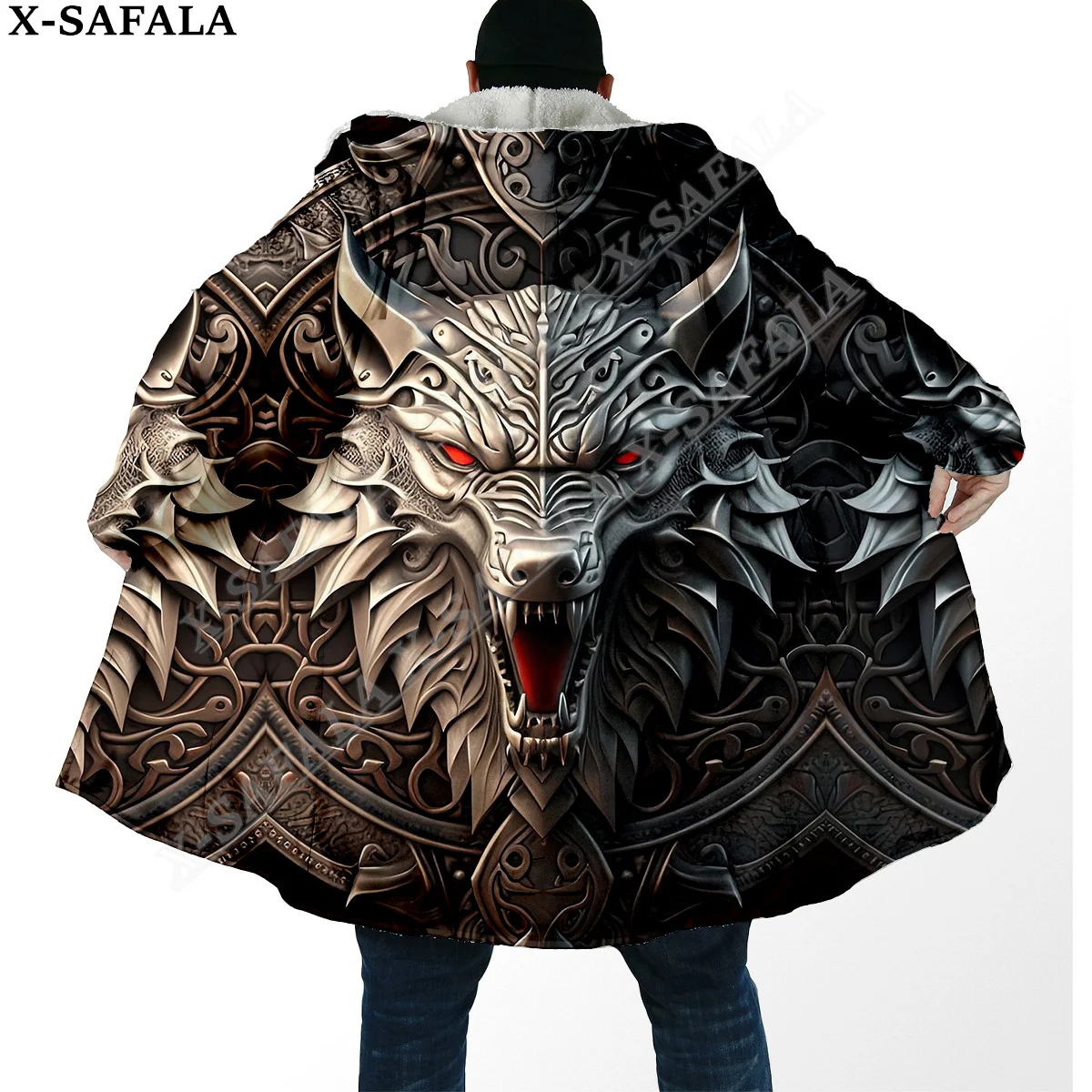 Tattoo Viking Wolf King 3D Print Dream Cloak Thick Warm Hooded Men Overcoat Coat Windproof Fleece Cape Robe Blanket-2