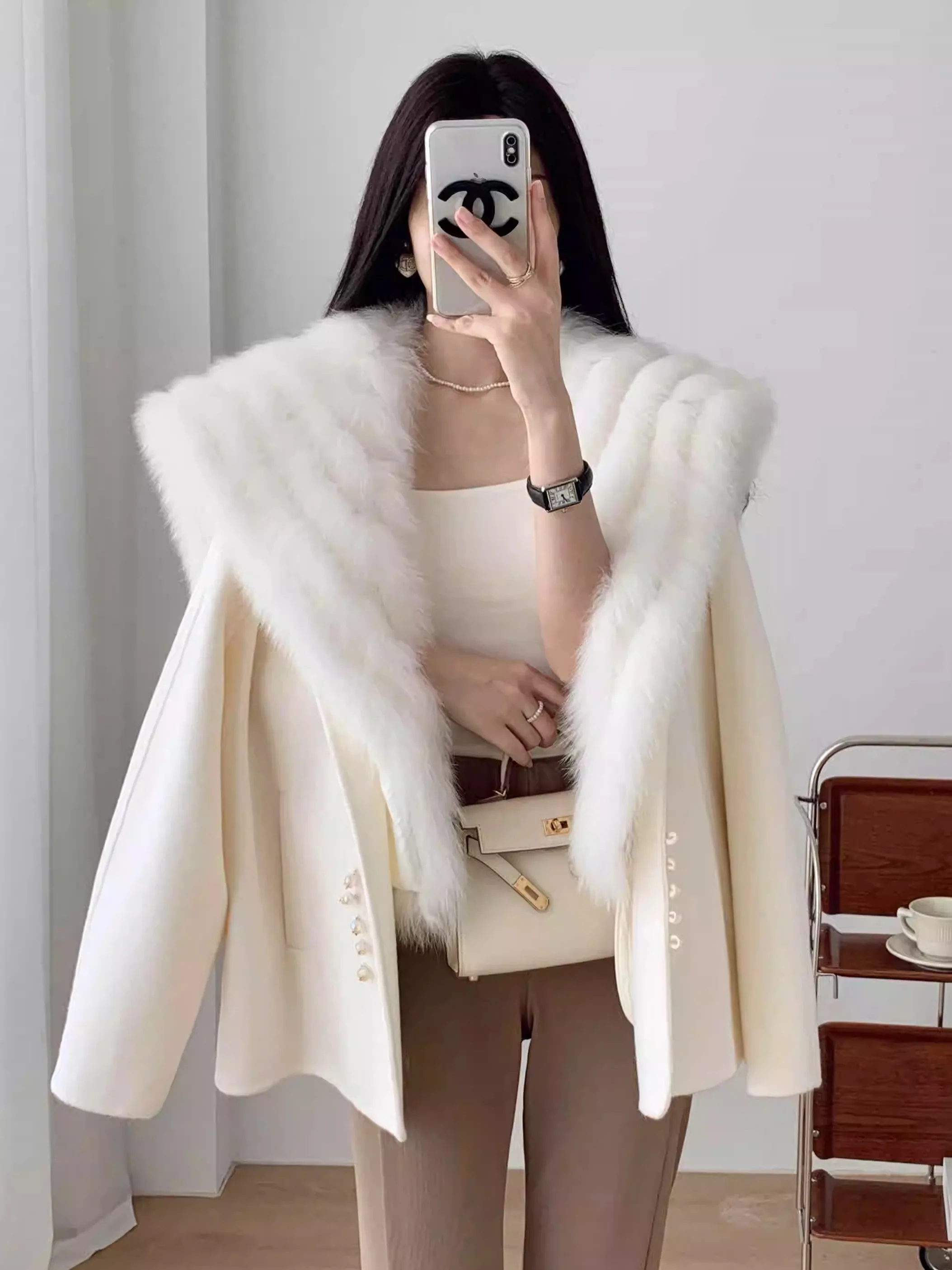 2024 new style Real Fox Fur Belt Slim Vest Natural Fur Coat Outwear Hooded Wool Cashmere Outwear Female Coat Full Sleeve