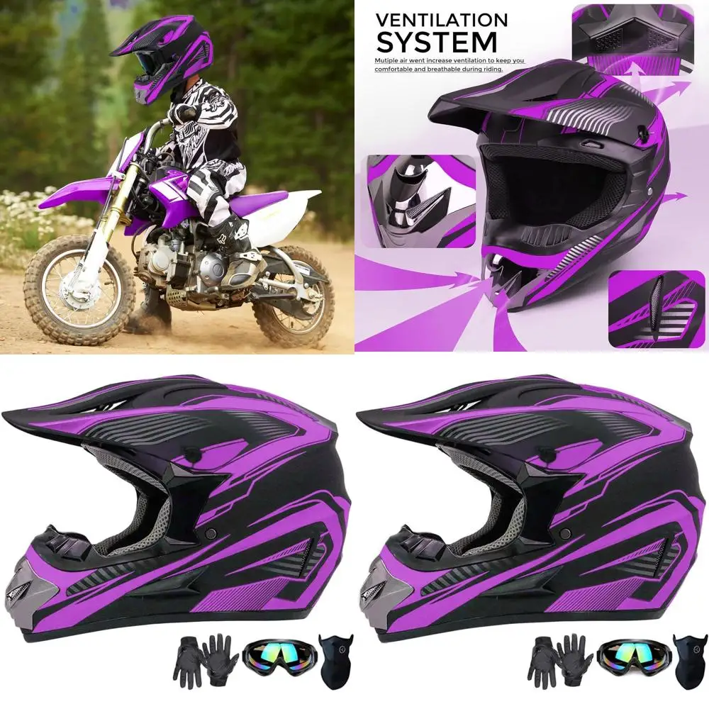 

Youth ATV Dirt Bike Helmet with Gloves, Goggles, and Mask - DOT Certified, 4-Piece Set in Purple, Medium Size