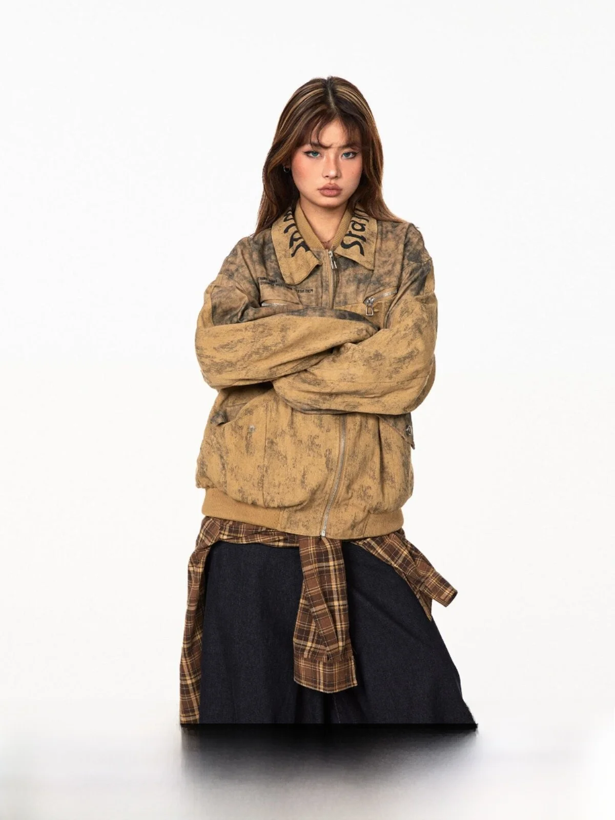 Retro American Blackbb Double Layered Tie Dye Jacket Women's Loose Motorcycle Style Spring Outerwear Street Fashion Cotton