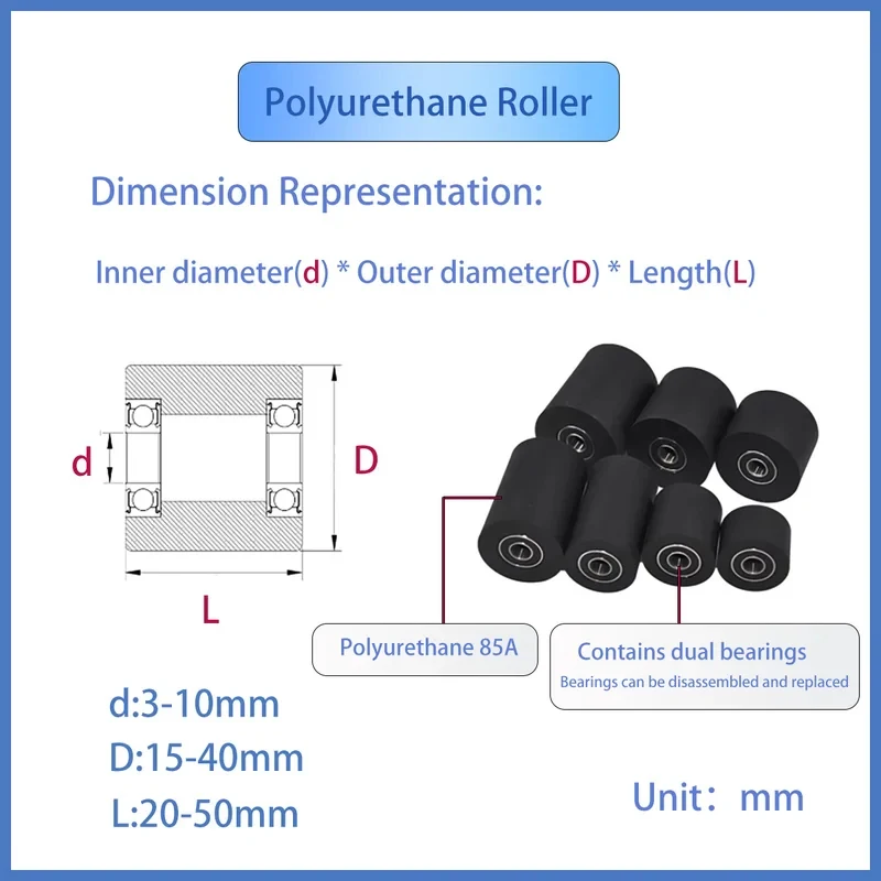 Double Bearing Polyurethane 85A Roller / Wear-Resistant Silent Pressure Wheel - Rubber Coated Pulley for Industrial Equipment