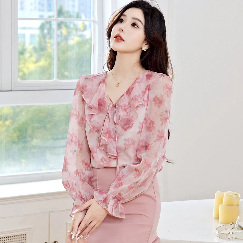 レディースブラウスシャツ 新品 長袖 Vネック プリント レースアップ フリルブラウスシャツ レディース トップス ブラウス シャツ ブルサス カミサス 2025 Q1341