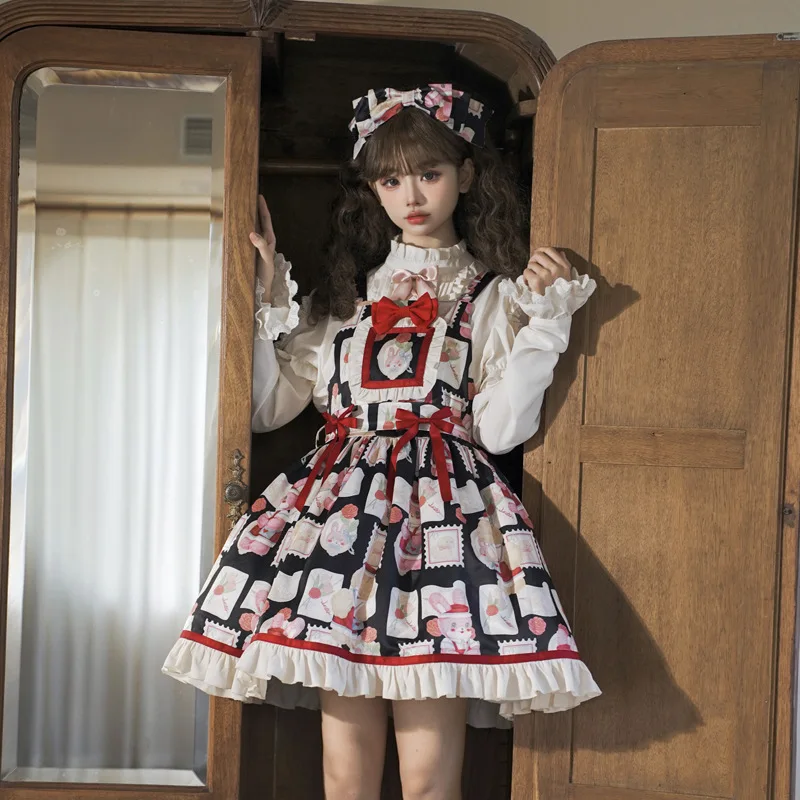 الأصلي اليابانية الحلو لطيف JSK فستان القوس الكرتون المطبوعة عالية الخصر ألف خط تنوعا Kawaii لوليتا الحمالات فستان قصير المرأة