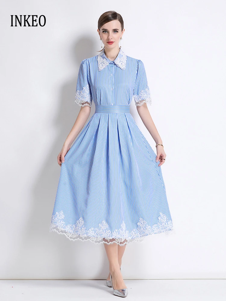 

Элегантный комплект из 2 предметов в полоску с принтом для женщин. Лето 2025 г., кружевная лоскутная рубашка, топы с короткими рукавами и длинная плиссированная юбка 5D216