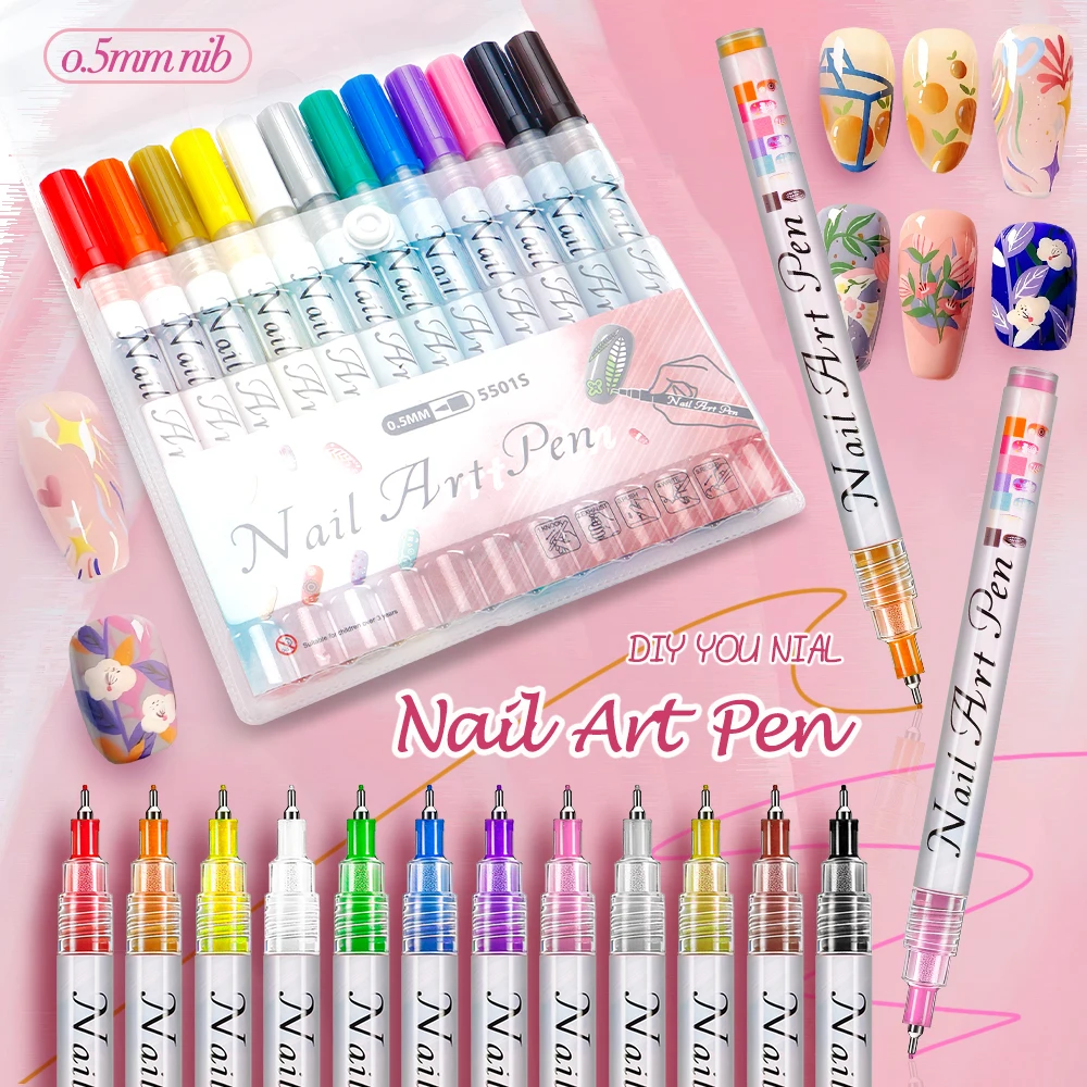 

12 Colors Nail Art Pens Set Nail Art Markers Polish Pen for 3D Nail Art with 0.5Mm Fine Tip for Diy Manicure Beginners Salon Use