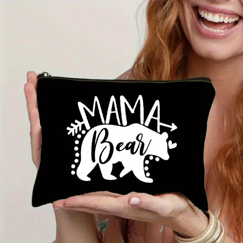 Canvas Mama Bear Cosmetic Bag - Lightweight Toiletry Pouch with Zipper Closure, Durable Hand Washable Canvas Makeup Bag