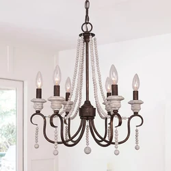 French Countryside Wooden Bead Chandelier Farmhouse Wooden Pendant Lights For Dining Room Rustic Kitchen Indoor Decoration Lamp