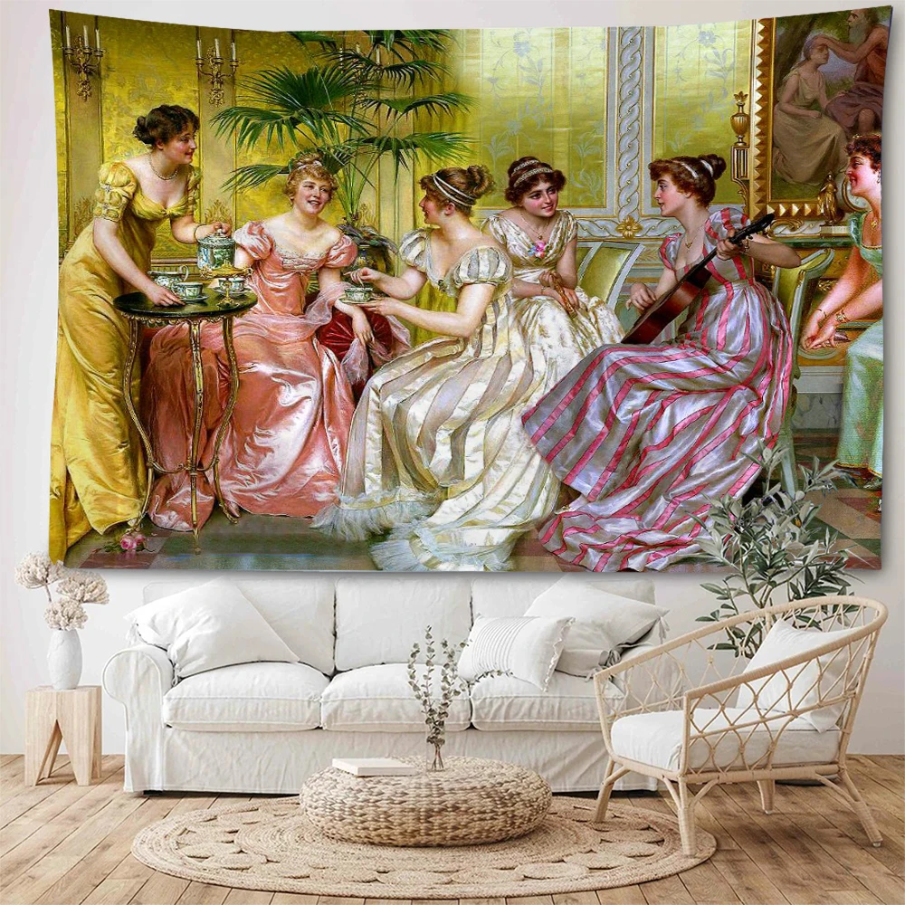 

European ancient court aristocratic gathering, oil painting background decoration, tapestry, figure oil painting, tapestry, home