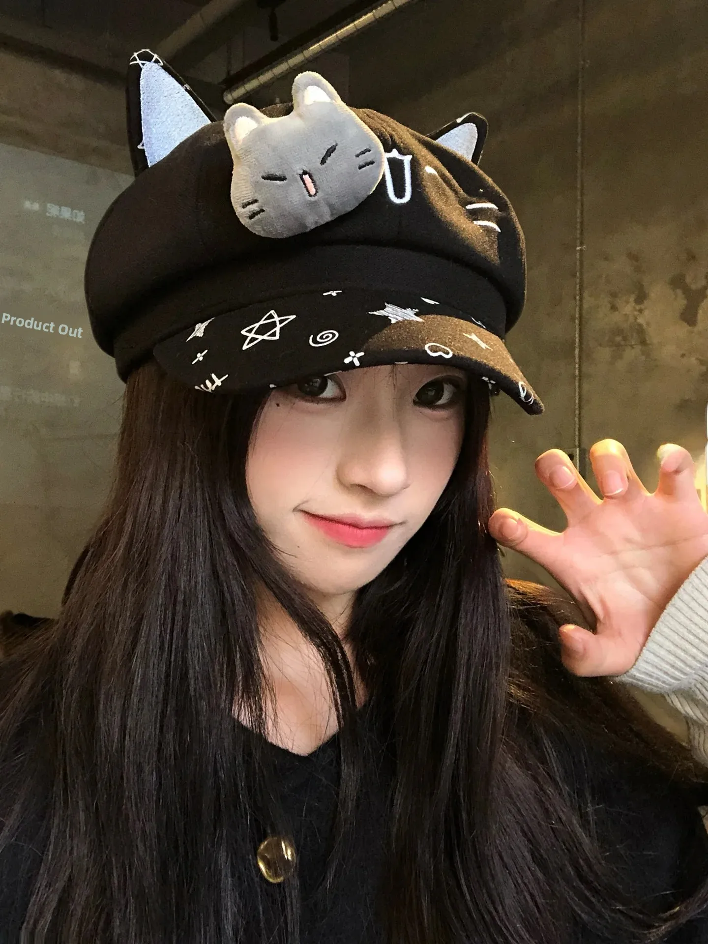 Cute  Ear Beret Hat Women's Autumn Winter Eight-Pointed Beret Y2K Newsboy Cap Adjustable round Top Foldable Warmth Fashion