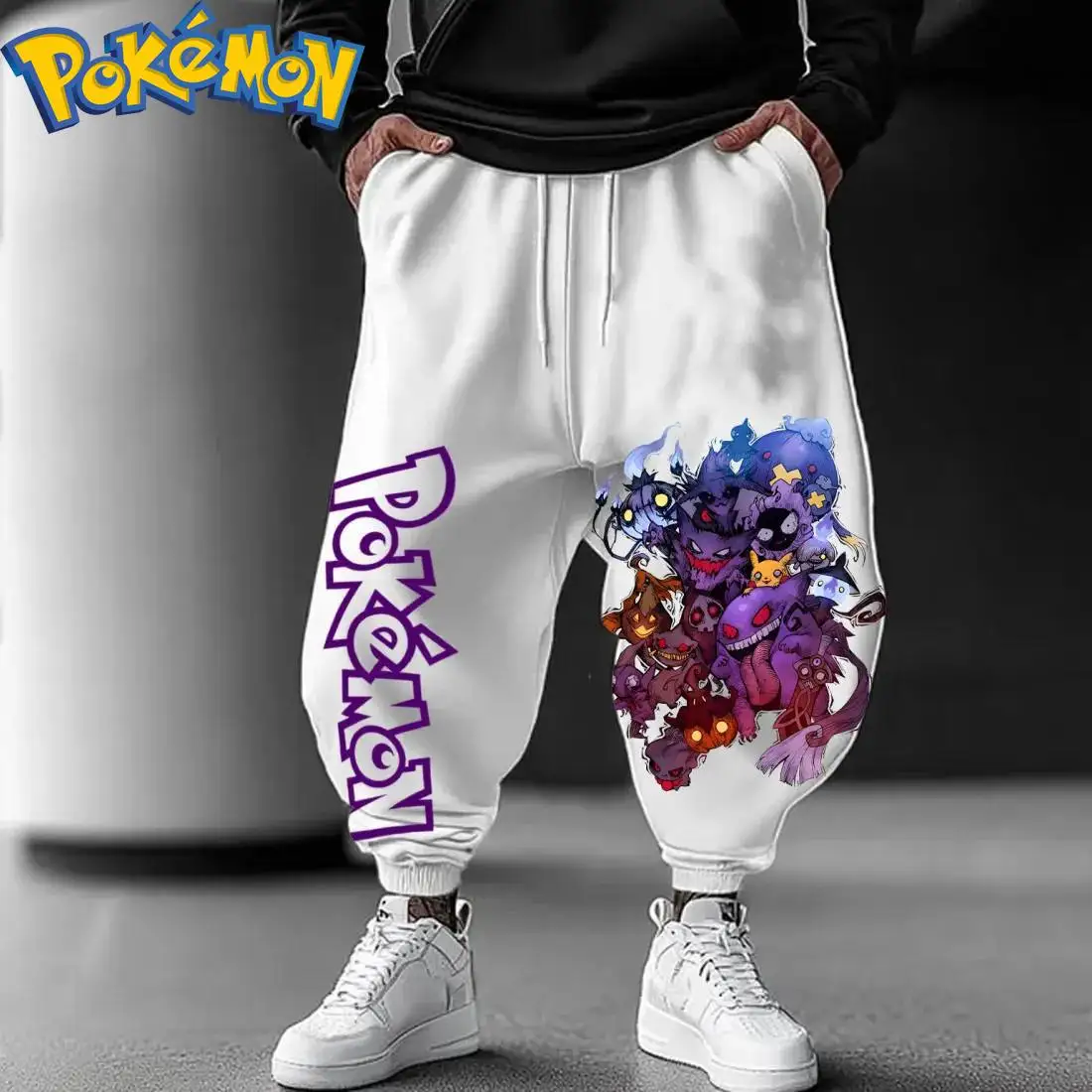 Pokemon Anime Gengar und Pikachu Baumwolle Hoodie Harajuku Hosen Set Multi Charakter Druck Zwei Stück Outfit Weiße Farbe Casual
