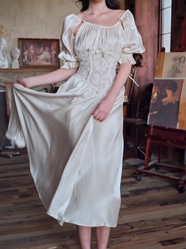 REDDACHiC 르네상스 여성 할로우 레이스 허리 트레이너 드레스 새틴 광택 퍼프 슬리브 미디 롱 드레스 파티 요정 여름 옷