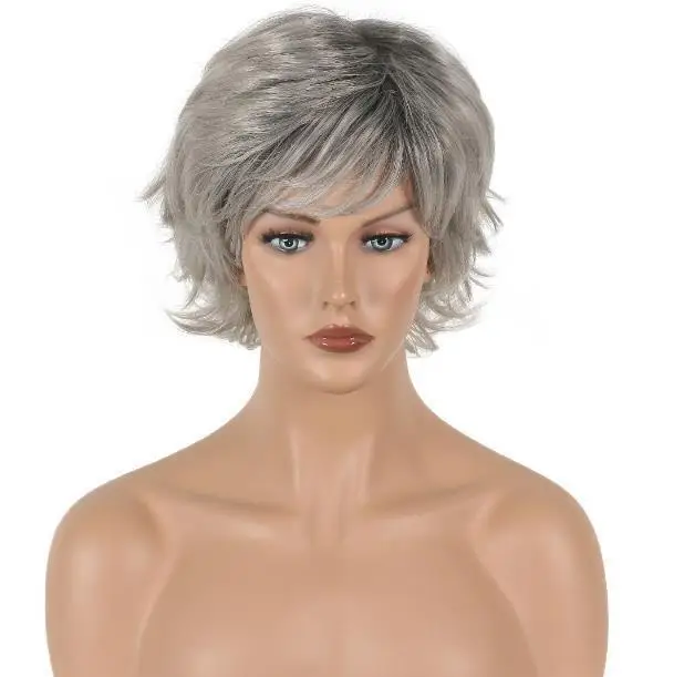 

Women Short Grey Mix Dark root Wavy Curly Pixie Cut Synthetic Wig Cosplay