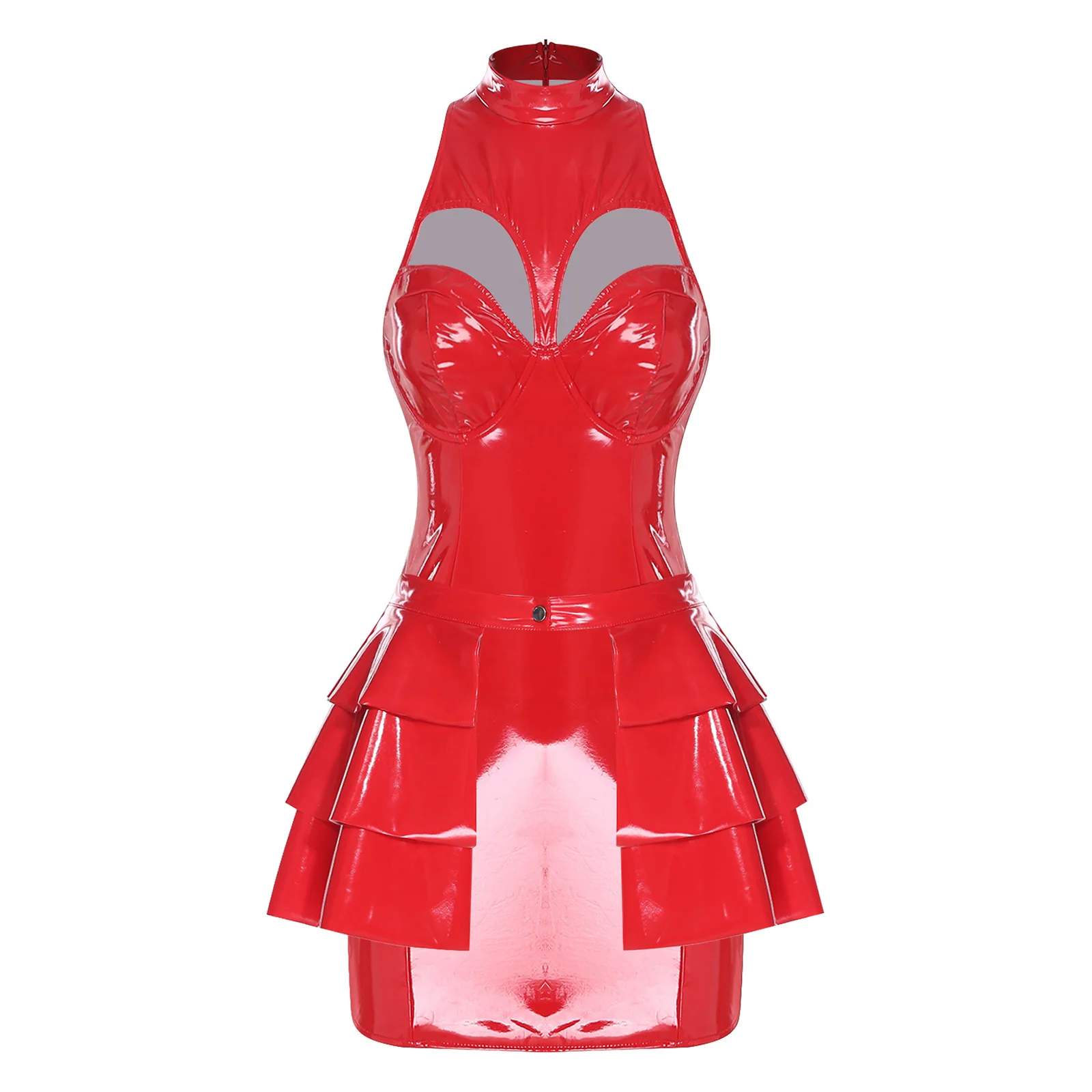 

Women Glossy Pu Bodycon Dress with Tiered Ruffled Hem Skirt Set Cutout Push-up Bra Dress and Mini Skirt Wet Look Clubwear