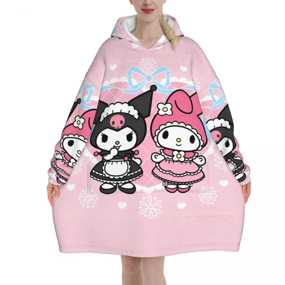 My Melody And Kuromi Blanket Hoodie Wearable Cute Cartoon Blanket Large with Pocket Warm Sleeping Bag Soft Cozy Onesie