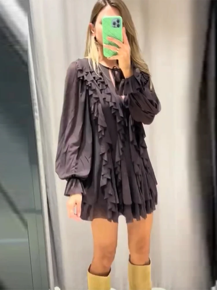 2025 New Women V Neck Lace-up Ruffles Long Sleeves Dress Elegant Solid Chiffon A-line Mini Dresses Summer Lady Street Vestidos