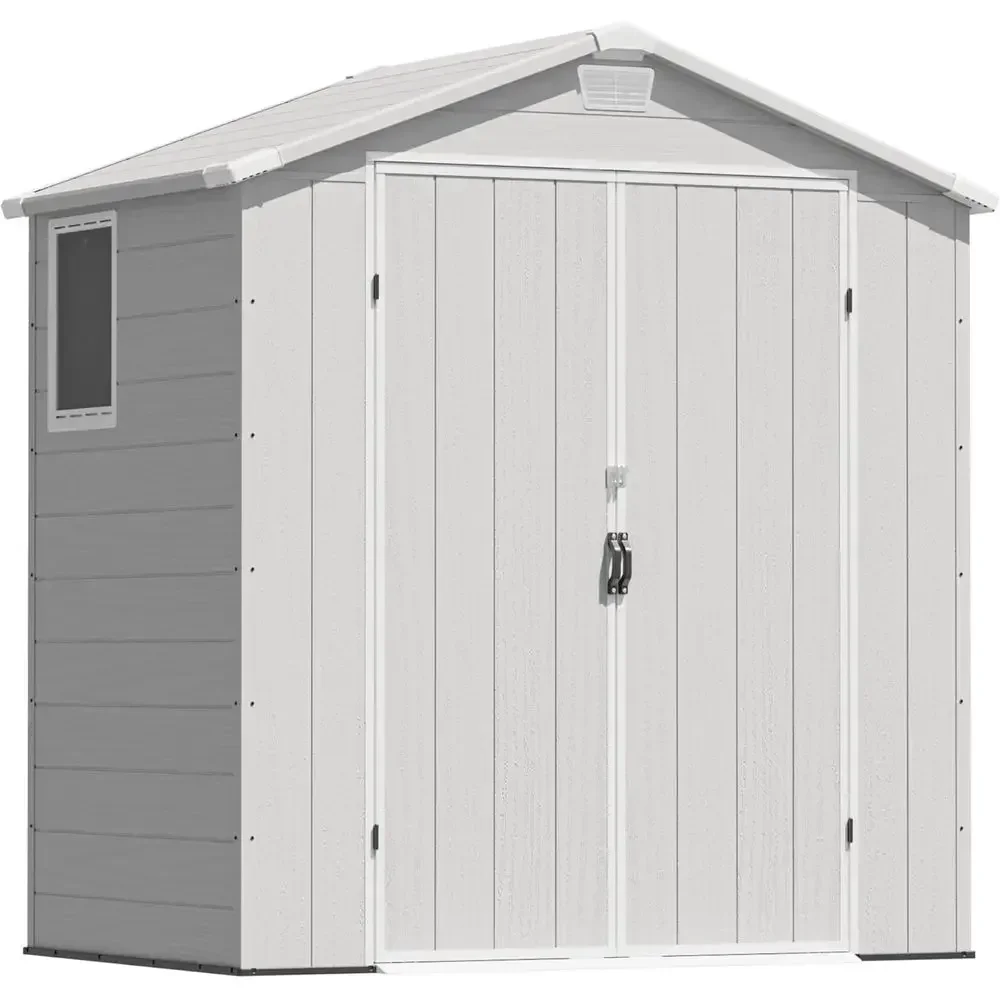 Light Gray 6x4FT Outdoor Plastic Storage Shed with Floor, Lockable Double Doors, Windows, and Vents for Garden, Patio, Backyard