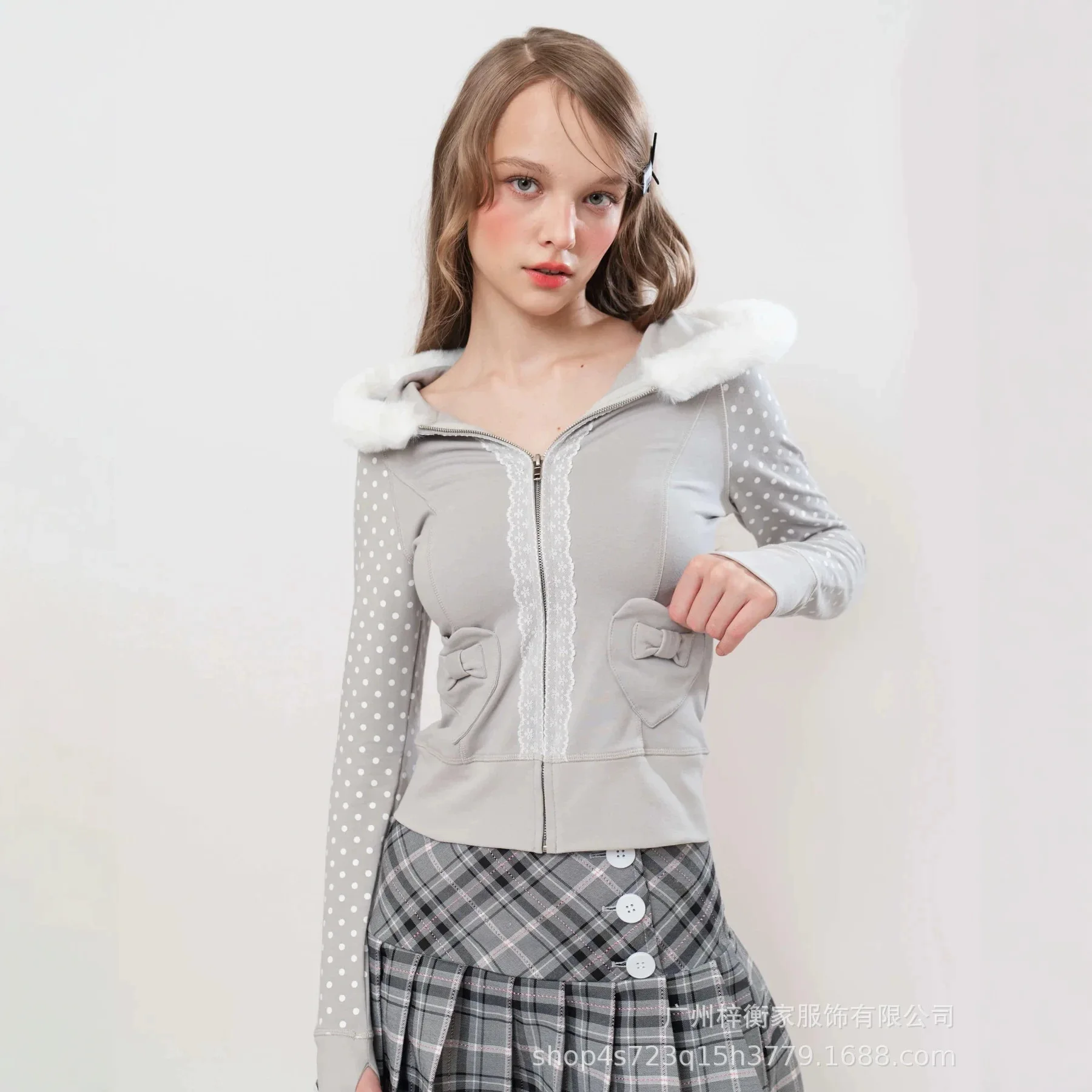 Y2K Cropped Zip Up Hoodie Fluffy Fur Trim Hood Polka Dot Long Sleeve Lace Front Heart Bow Pocket Sweet Fitted Women Jacket