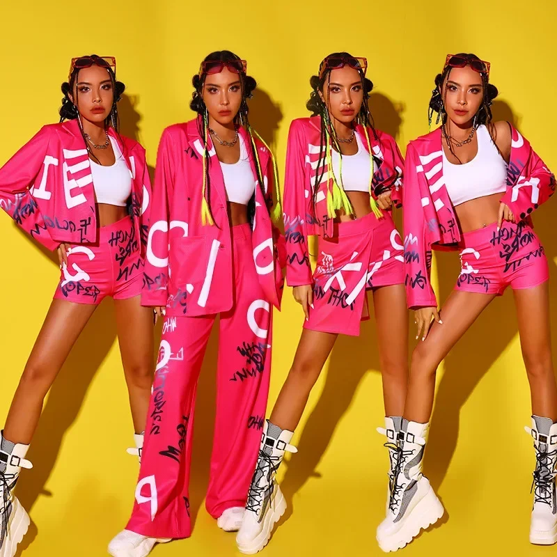 Traje rosa de Kpop para mujer, traje de manga larga, pantalones, falda, Ropa de baile callejero de Hip Hop, disfraz de Rave para Festival 2024 Jazz