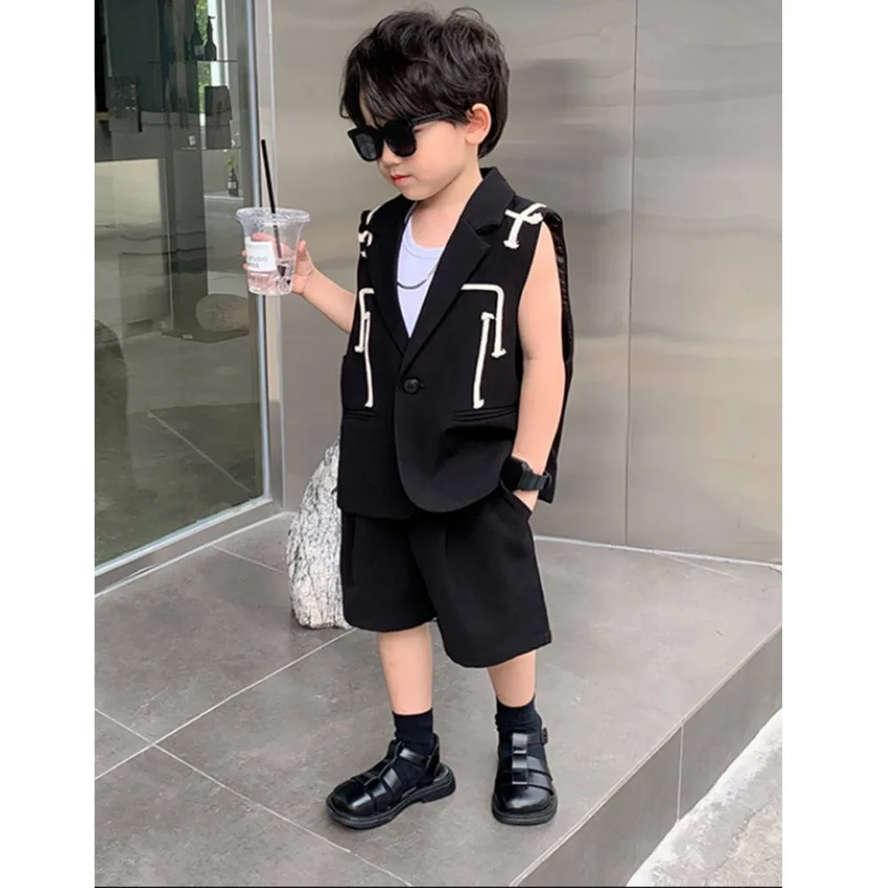 Boys\' Suit Set For Summer 2024 New Handsome Children\'s Clothes Vest Jacket Shorts Two-piece Personalized Fashionable Suits