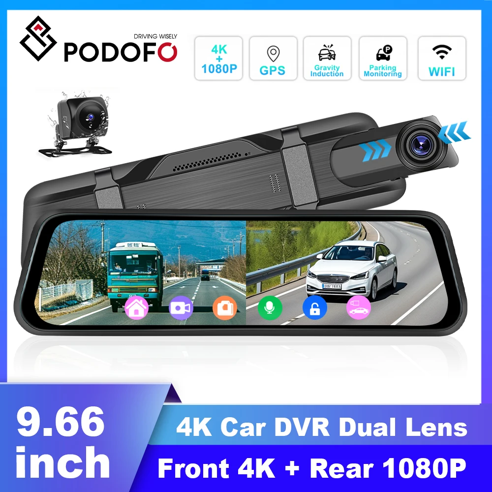 

Podofo 4K Car DVR 9.66" Car Recorder Dual Lens WiFi Touch HD Rearview Mirror With Rear Night Vision Parking Monitor GPS BSD